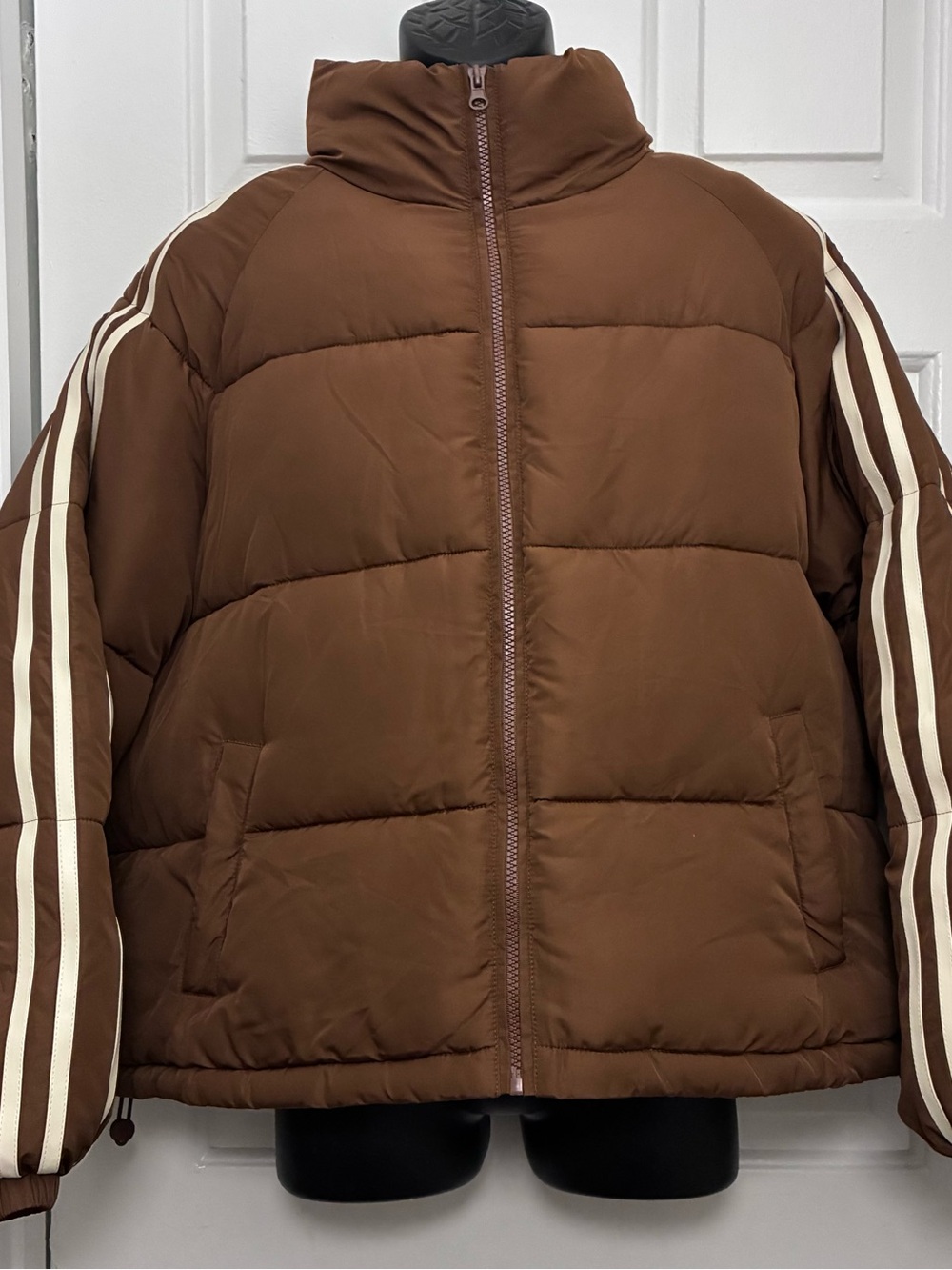 Stitch Fusion Brown Puffer Jacket with Sleeve Stripes - Size 1X